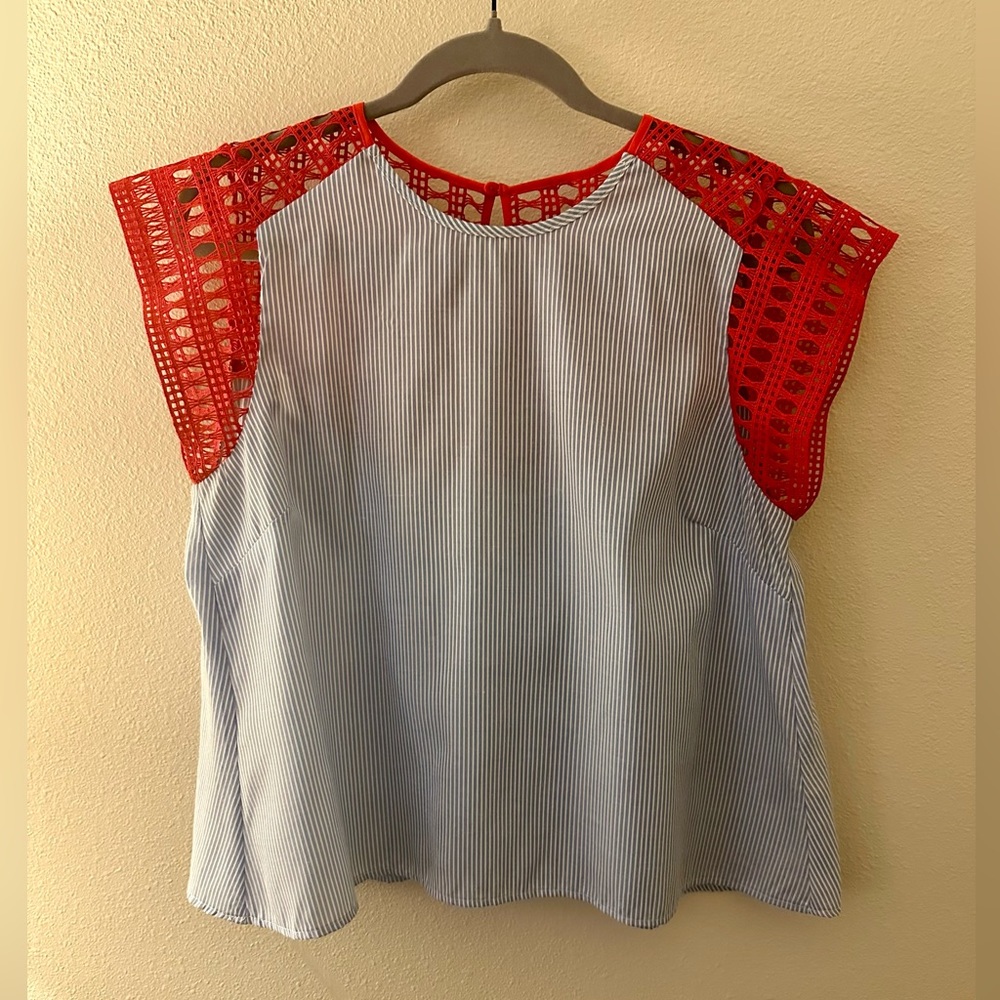 Anthropologie Maeve swing top in blue stripes, red detailing (small)